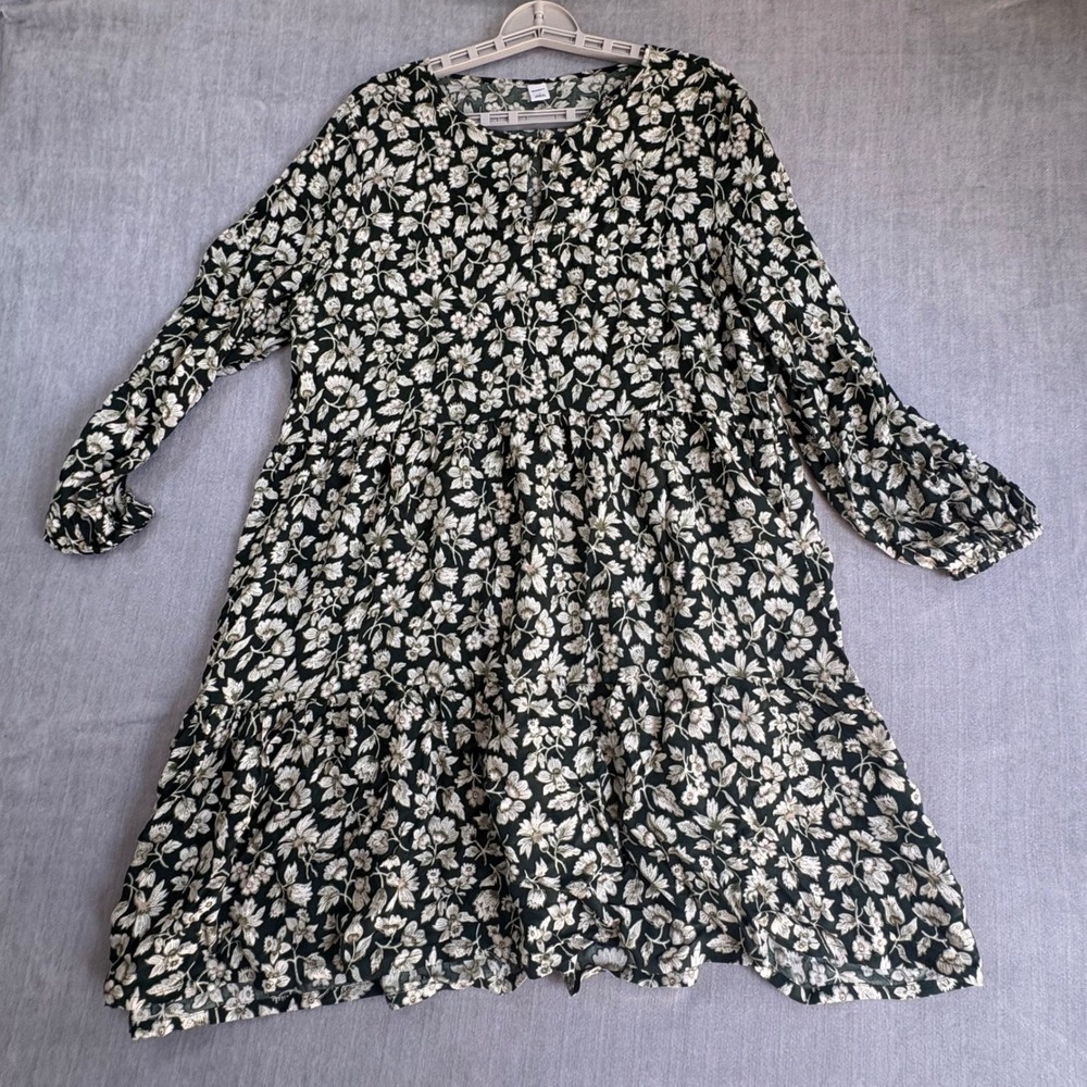Old Navy Dress Women L Green Floral Babydoll Tiered Long Sleeve Rayon Mini Dress